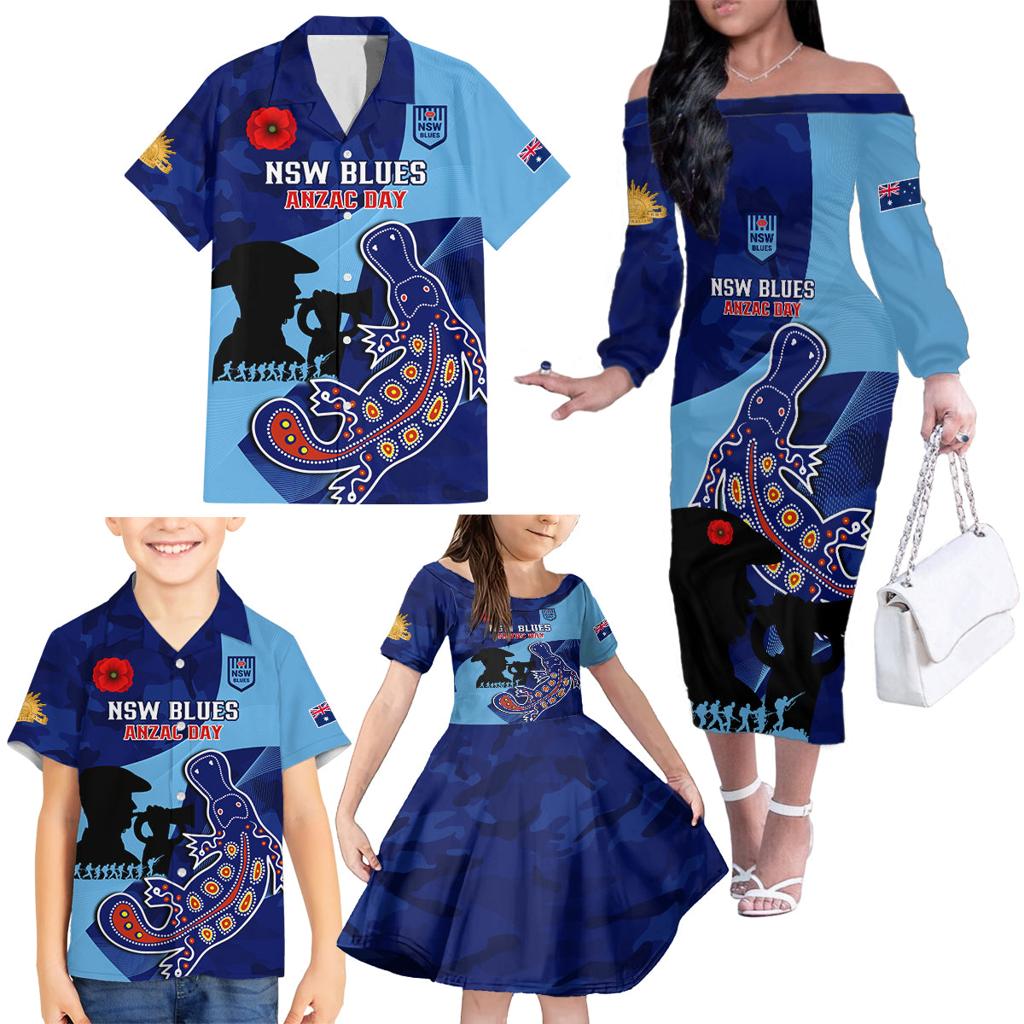 Custom NSW Blues ANZAC Day Family Matching Off Shoulder Long Sleeve Dress and Hawaiian Shirt Australian Platypus Mix Camouflage
