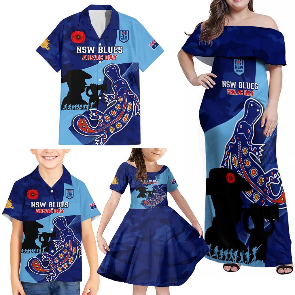 Custom NSW Blues ANZAC Day Family Matching Off Shoulder Maxi Dress and Hawaiian Shirt Australian Platypus Mix Camouflage