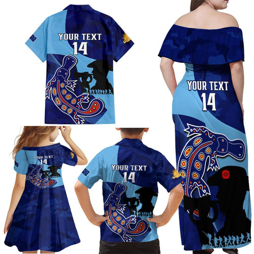 Custom NSW Blues ANZAC Day Family Matching Off Shoulder Maxi Dress and Hawaiian Shirt Australian Platypus Mix Camouflage