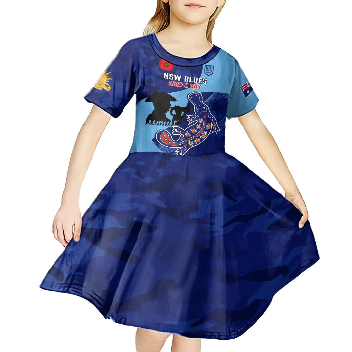 Custom NSW Blues ANZAC Day Kid Short Sleeve Dress Australian Platypus Mix Camouflage