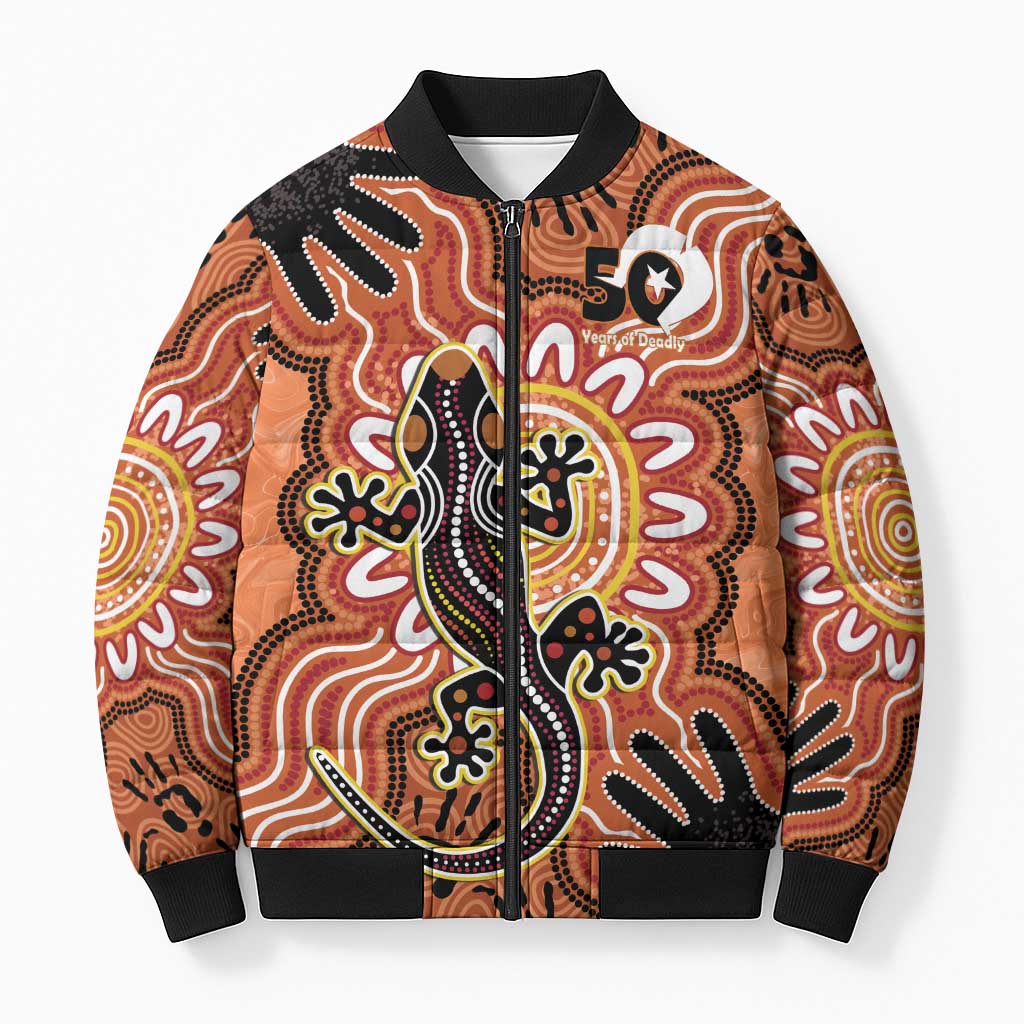 Personalised Australia Lizard NAIDOC Week 2026 Bomber Puffer Jacket 50 Years of Deadly Aboriginal Art