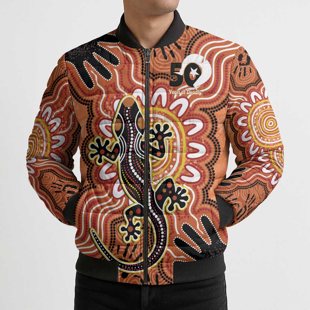 Personalised Australia Lizard NAIDOC Week 2026 Bomber Puffer Jacket 50 Years of Deadly Aboriginal Art
