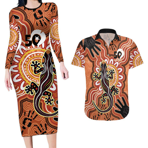 Personalised Australia Lizard NAIDOC Week 2026 Couples Matching Long Sleeve Bodycon Dress and Hawaiian Shirt 50 Years of Deadly Aboriginal Art