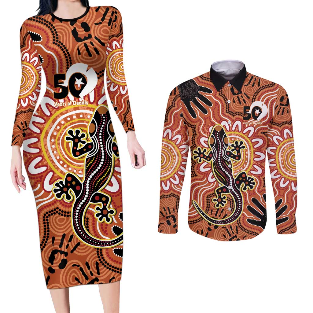 Personalised Australia Lizard NAIDOC Week 2026 Couples Matching Long Sleeve Bodycon Dress and Long Sleeve Button Shirt 50 Years of Deadly Aboriginal Art