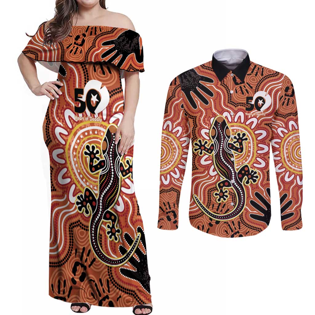 Personalised Australia Lizard NAIDOC Week 2026 Couples Matching Off Shoulder Maxi Dress and Long Sleeve Button Shirt 50 Years of Deadly Aboriginal Art