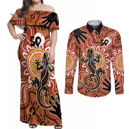 Personalised Australia Lizard NAIDOC Week 2026 Couples Matching Off Shoulder Maxi Dress and Long Sleeve Button Shirt 50 Years of Deadly Aboriginal Art
