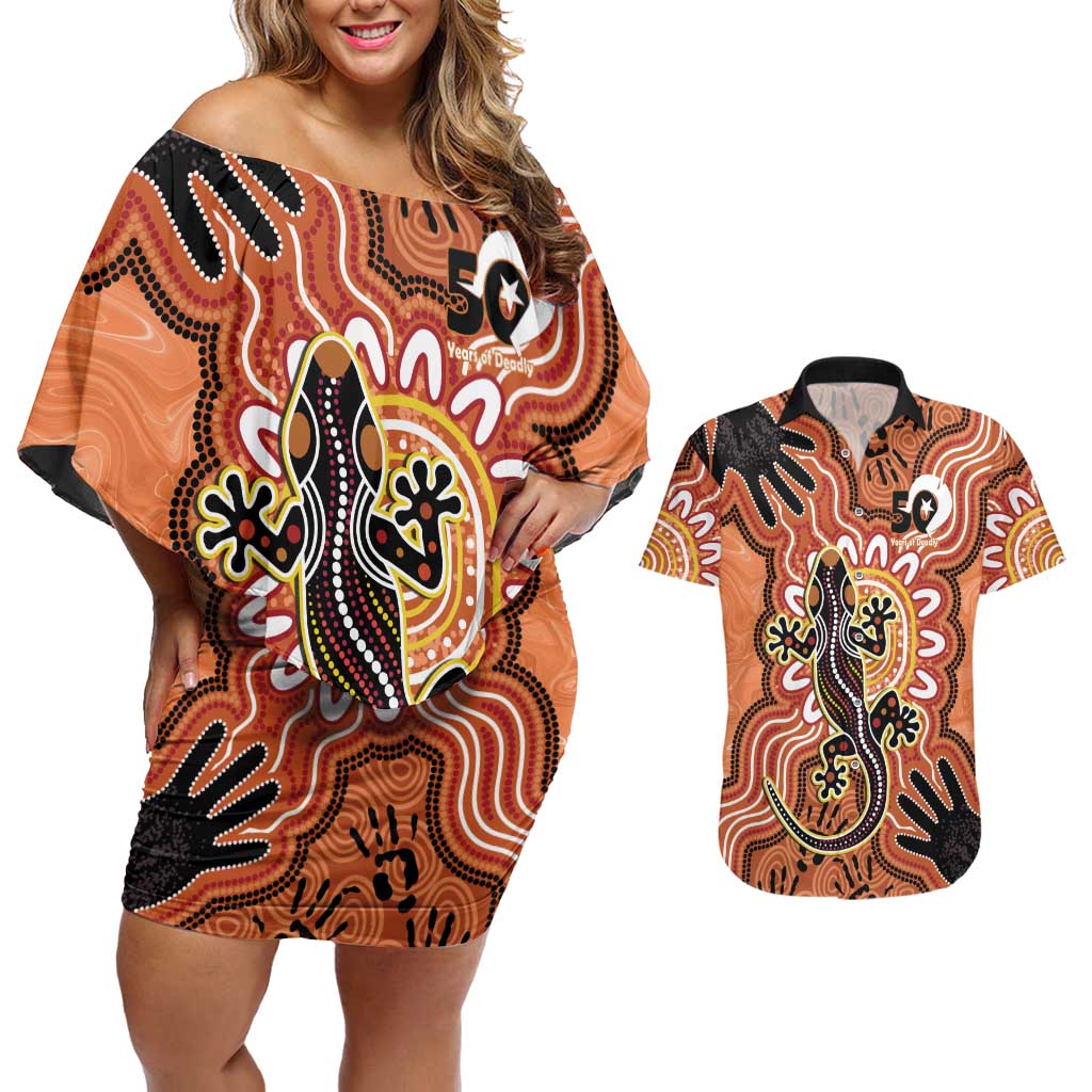 Personalised Australia Lizard NAIDOC Week 2026 Couples Matching Off Shoulder Short Dress and Hawaiian Shirt 50 Years of Deadly Aboriginal Art