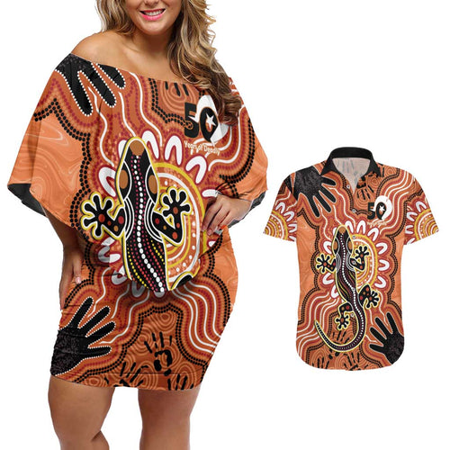 Personalised Australia Lizard NAIDOC Week 2026 Couples Matching Off Shoulder Short Dress and Hawaiian Shirt 50 Years of Deadly Aboriginal Art