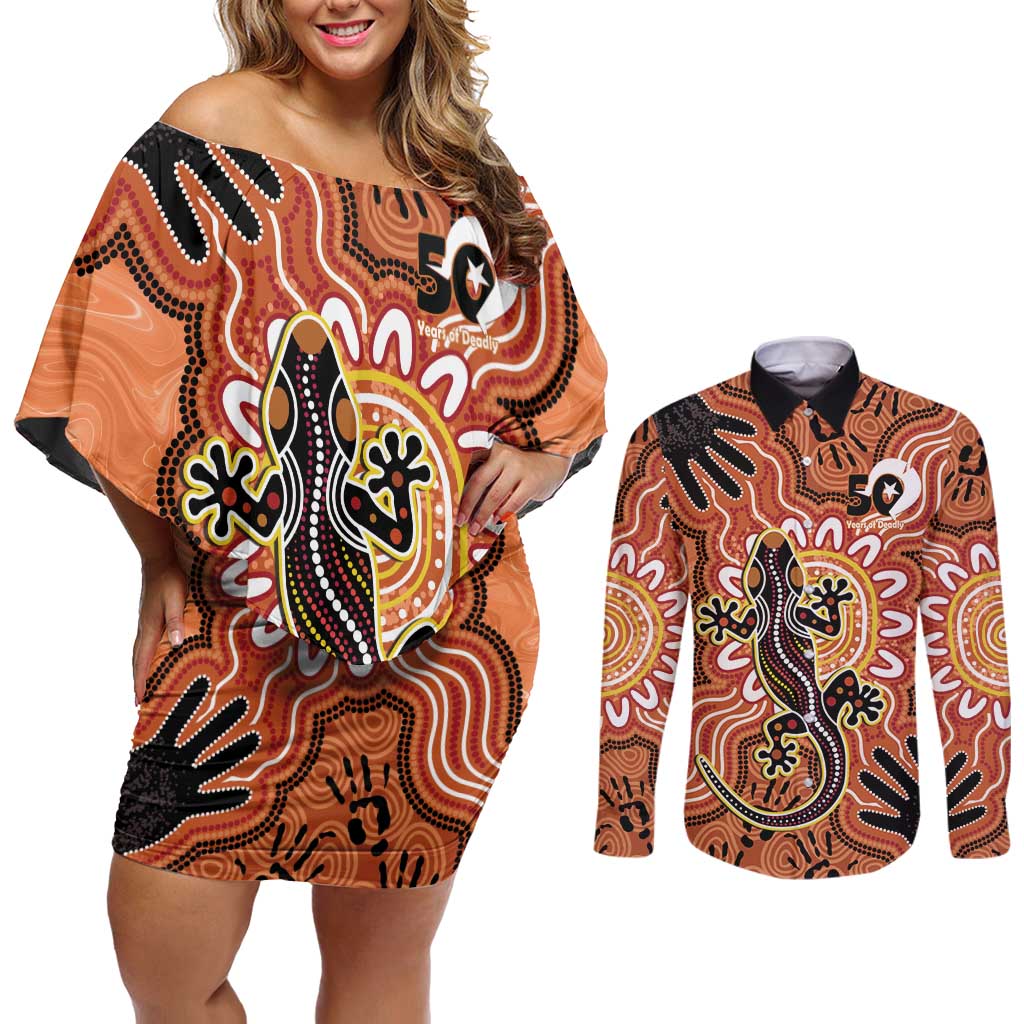 Personalised Australia Lizard NAIDOC Week 2026 Couples Matching Off Shoulder Short Dress and Long Sleeve Button Shirt 50 Years of Deadly Aboriginal Art