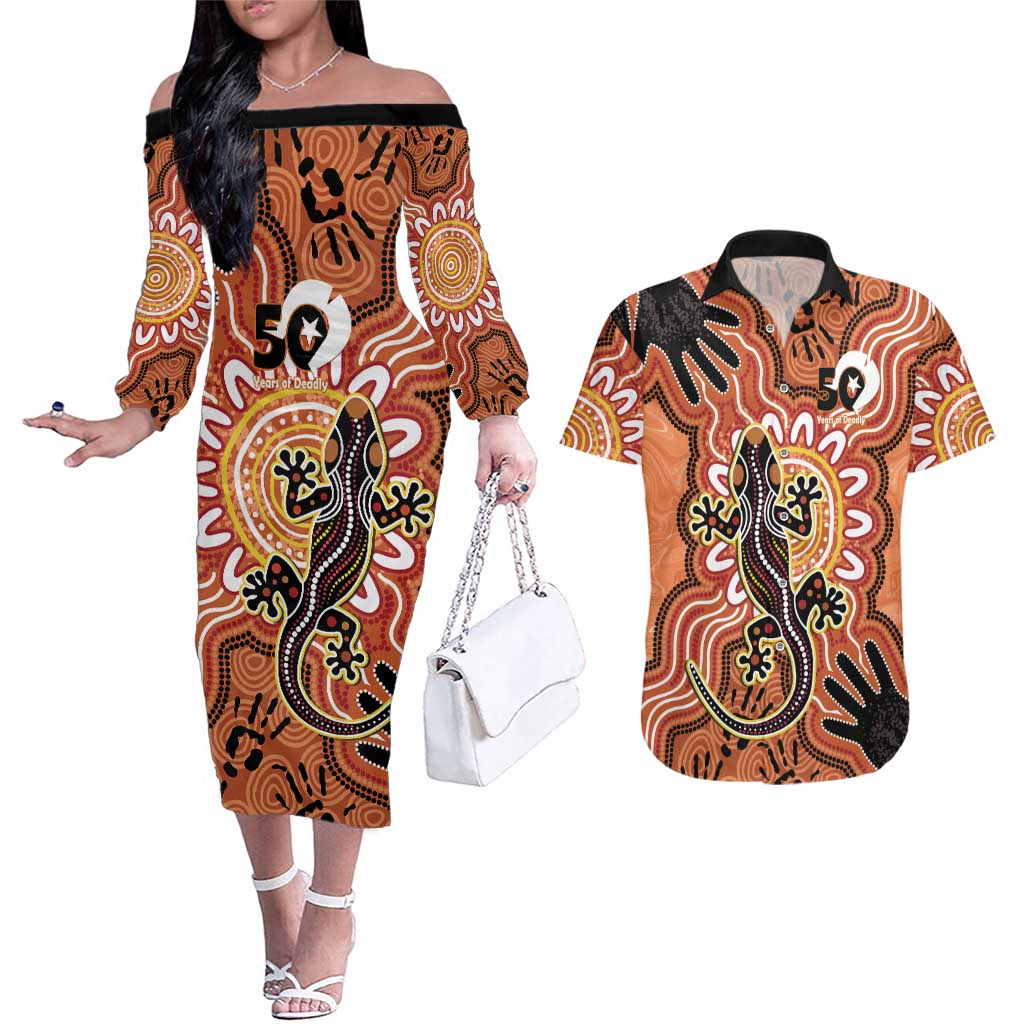Personalised Australia Lizard NAIDOC Week 2026 Couples Matching Off The Shoulder Long Sleeve Dress and Hawaiian Shirt 50 Years of Deadly Aboriginal Art
