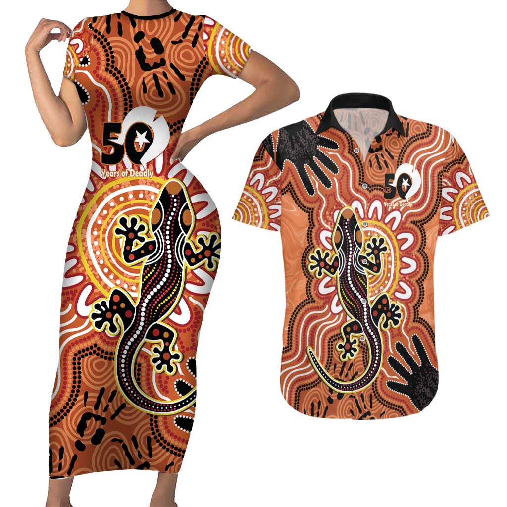 Personalised Australia Lizard NAIDOC Week 2026 Couples Matching Short Sleeve Bodycon Dress and Hawaiian Shirt 50 Years of Deadly Aboriginal Art