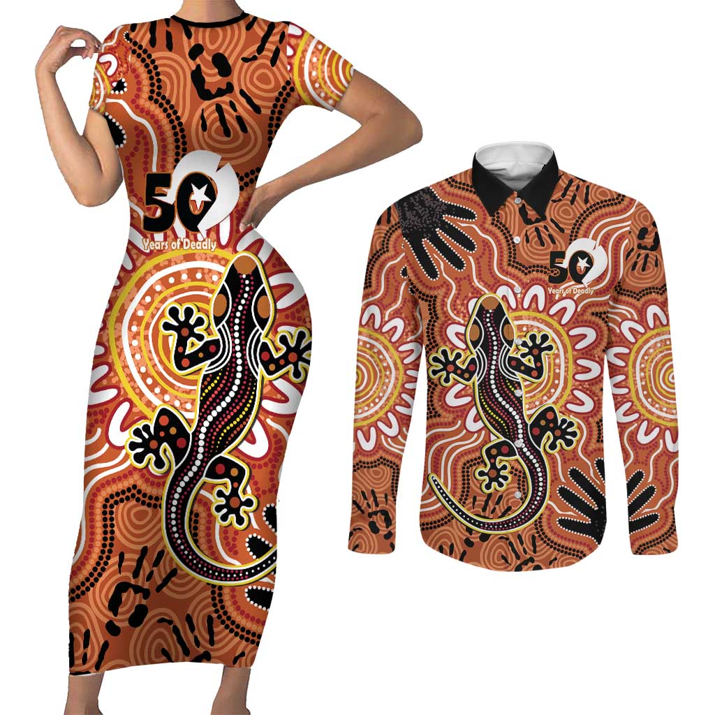 Personalised Australia Lizard NAIDOC Week 2026 Couples Matching Short Sleeve Bodycon Dress and Long Sleeve Button Shirt 50 Years of Deadly Aboriginal Art