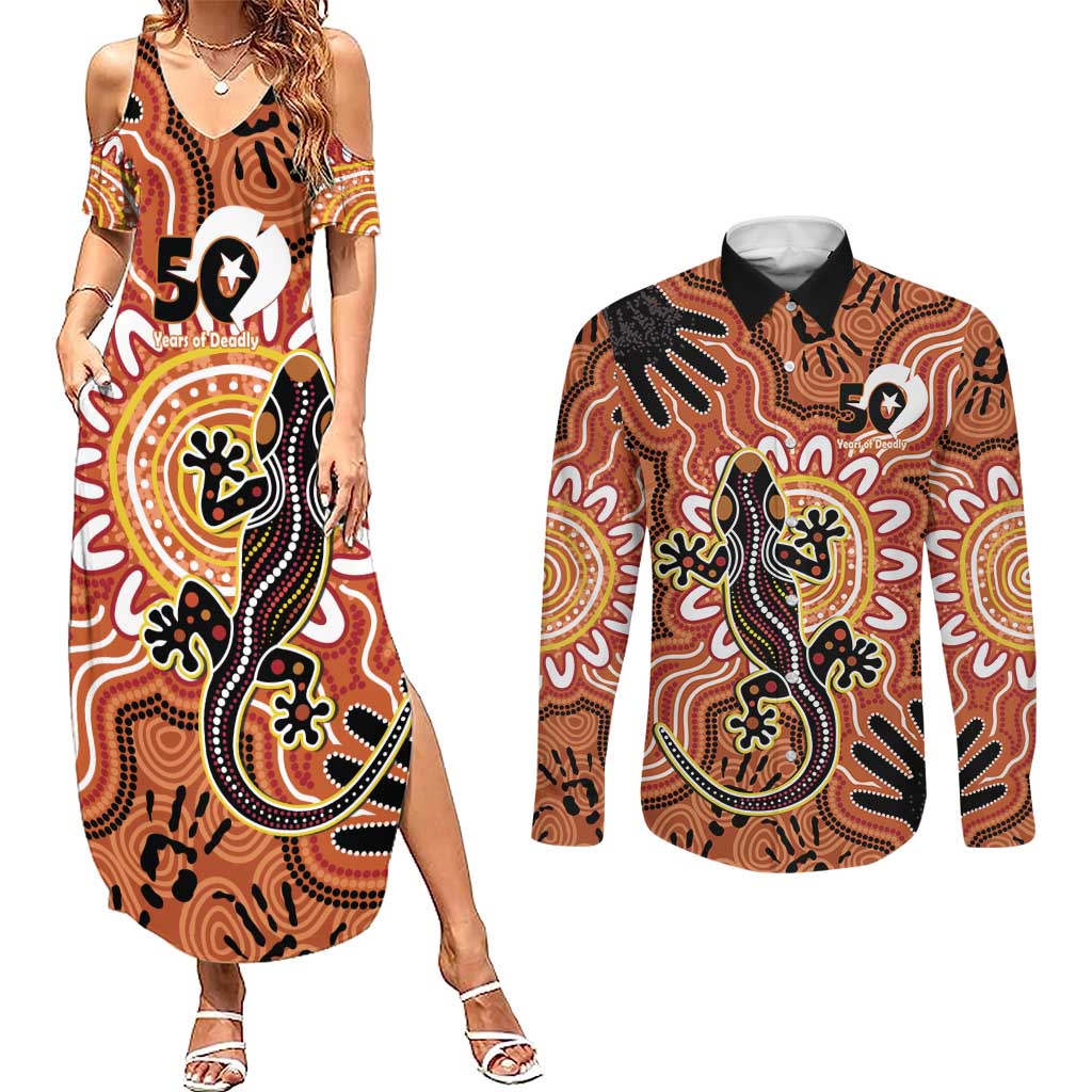Personalised Australia Lizard NAIDOC Week 2026 Couples Matching Summer Maxi Dress and Long Sleeve Button Shirt 50 Years of Deadly Aboriginal Art