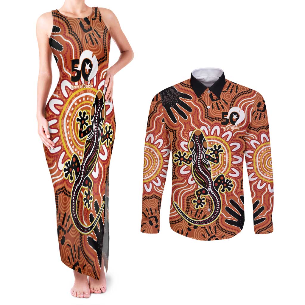 Personalised Australia Lizard NAIDOC Week 2026 Couples Matching Tank Maxi Dress and Long Sleeve Button Shirt 50 Years of Deadly Aboriginal Art