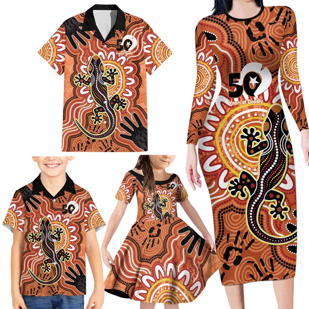 Personalised Australia Lizard NAIDOC Week 2026 Family Matching Long Sleeve Bodycon Dress and Hawaiian Shirt 50 Years of Deadly Aboriginal Art