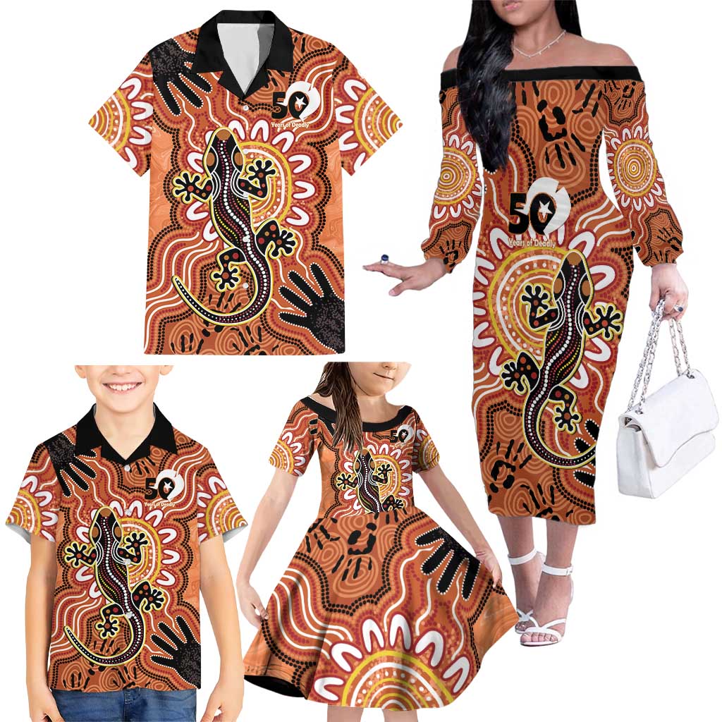 Personalised Australia Lizard NAIDOC Week 2026 Family Matching Off The Shoulder Long Sleeve Dress and Hawaiian Shirt 50 Years of Deadly Aboriginal Art