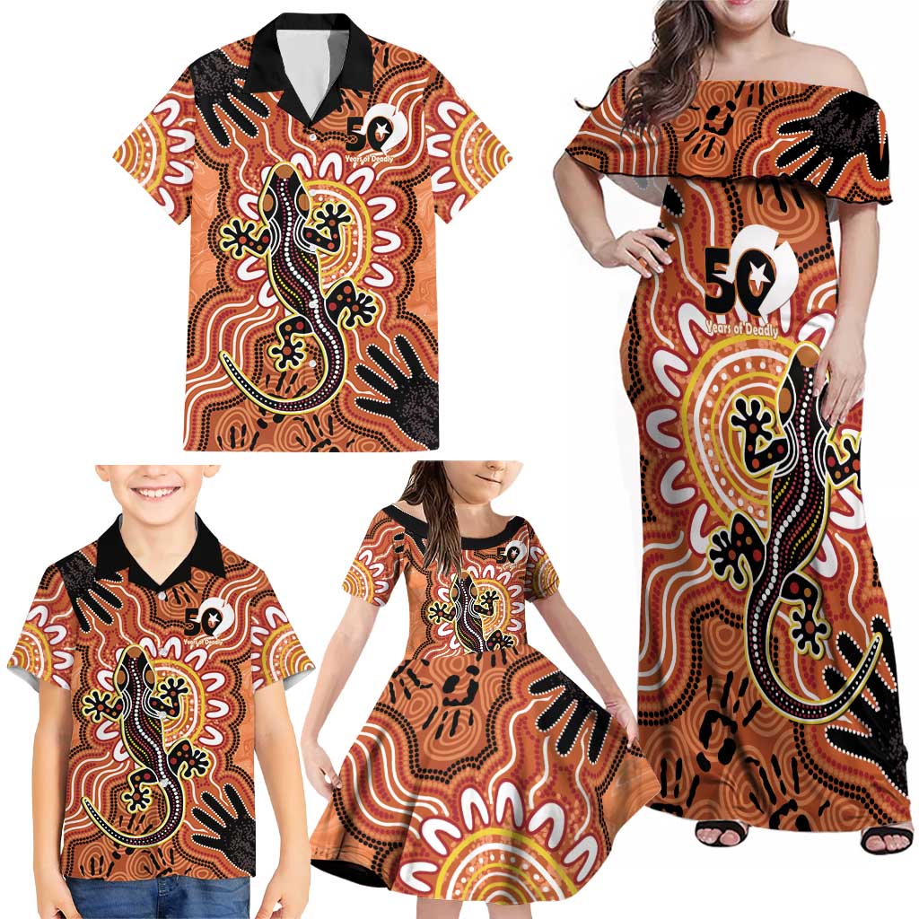 Personalised Australia Lizard NAIDOC Week 2026 Family Matching Off Shoulder Maxi Dress and Hawaiian Shirt 50 Years of Deadly Aboriginal Art