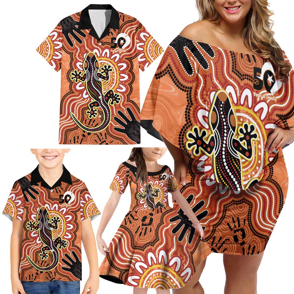 Personalised Australia Lizard NAIDOC Week 2026 Family Matching Off Shoulder Short Dress and Hawaiian Shirt 50 Years of Deadly Aboriginal Art