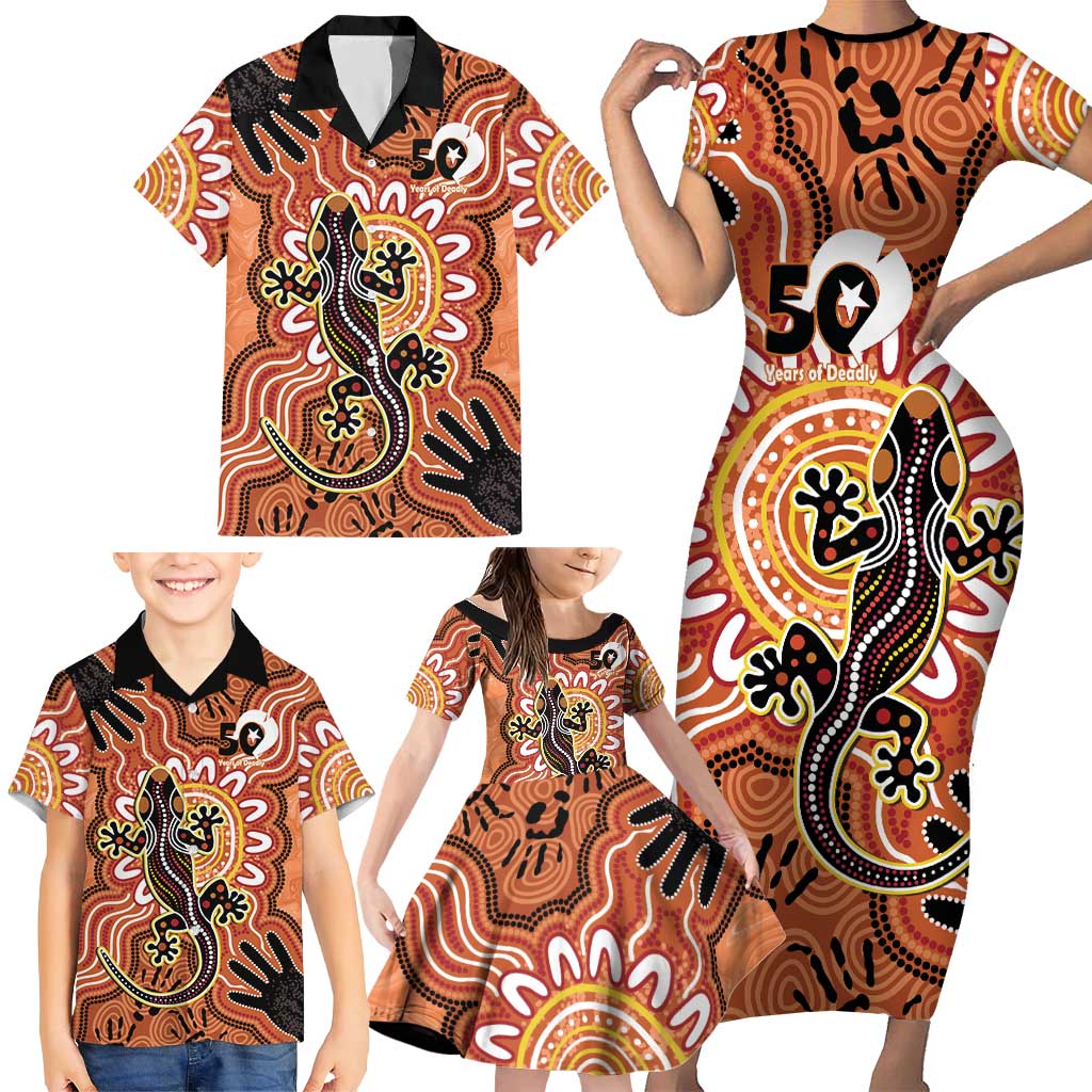 Personalised Australia Lizard NAIDOC Week 2026 Family Matching Short Sleeve Bodycon Dress and Hawaiian Shirt 50 Years of Deadly Aboriginal Art