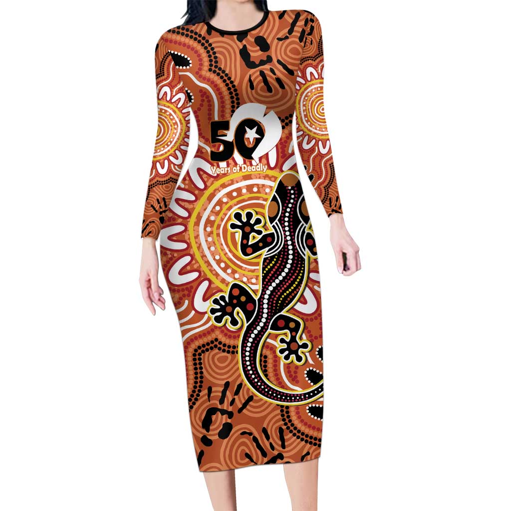Personalised Australia Lizard NAIDOC Week 2026 Long Sleeve Bodycon Dress 50 Years of Deadly Aboriginal Art