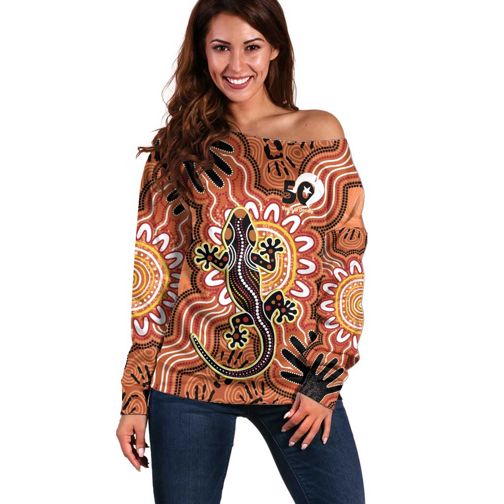 Personalised Australia Lizard NAIDOC Week 2026 Off Shoulder Sweater 50 Years of Deadly Aboriginal Art