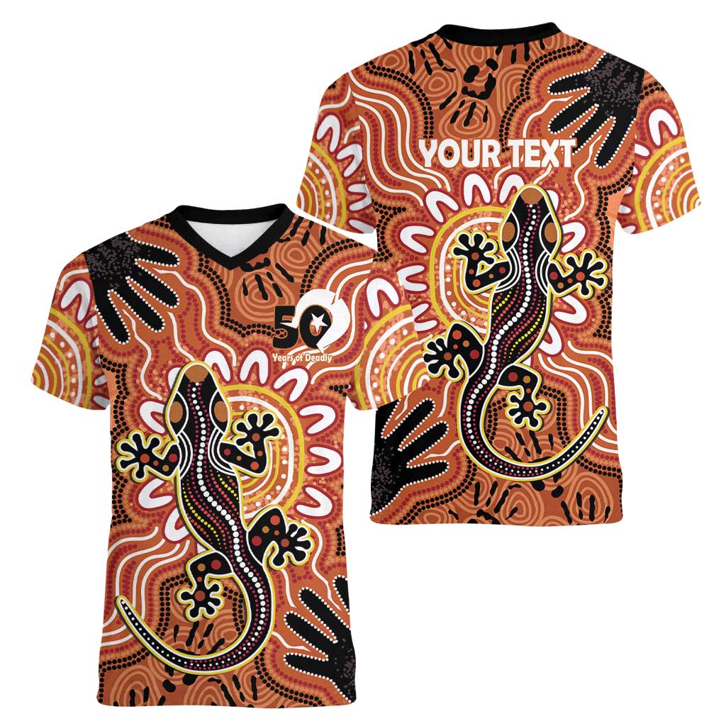 Personalised Australia Lizard NAIDOC Week 2026 Women V-Neck T-Shirt 50 Years of Deadly Aboriginal Art