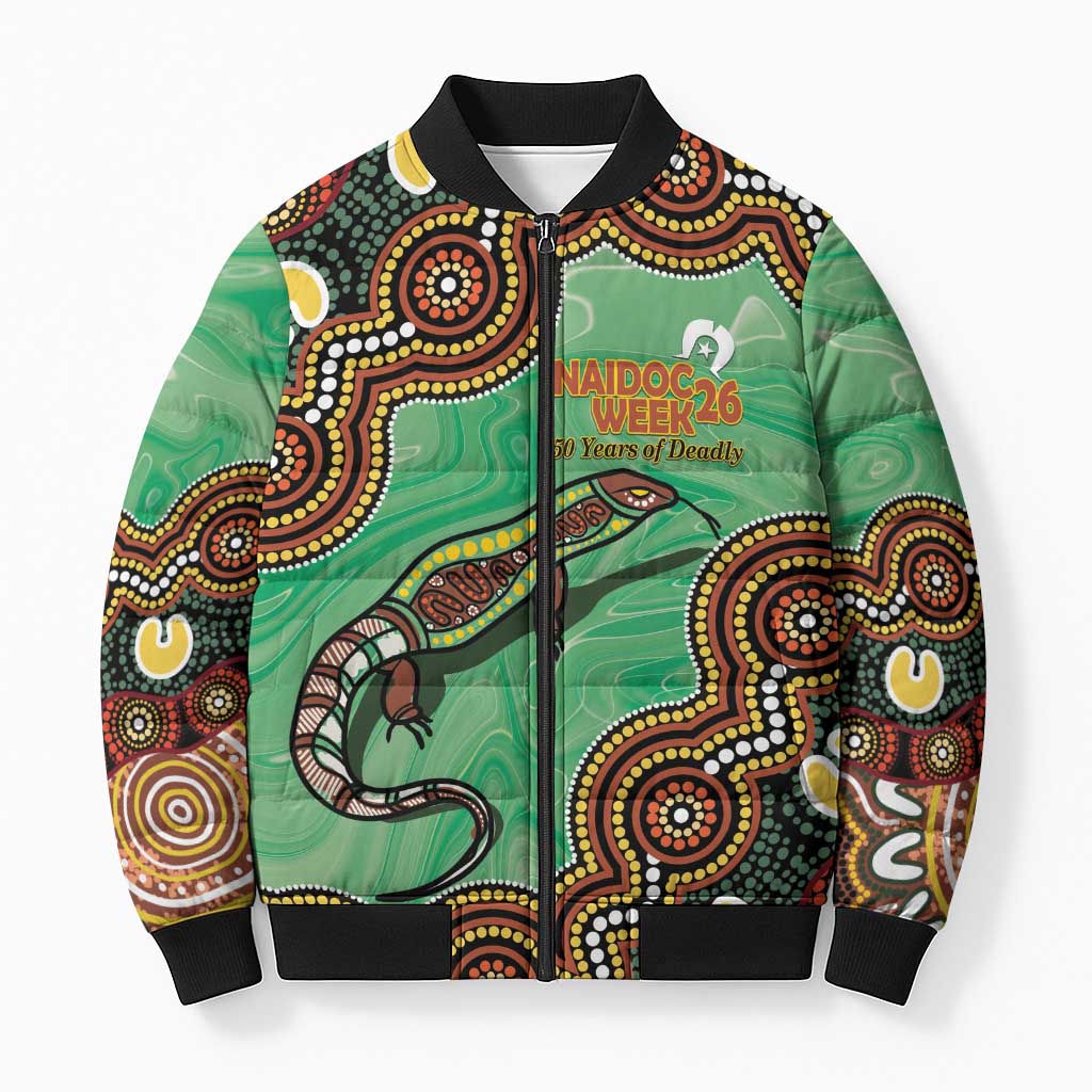 Personalised Australia Goanna NAIDOC Week 2026 Bomber Puffer Jacket 50 Years of Deadly Aboriginal Art