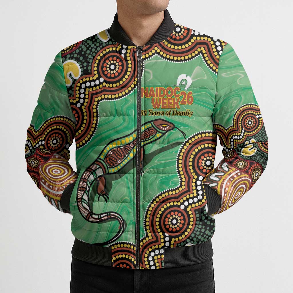 Personalised Australia Goanna NAIDOC Week 2026 Bomber Puffer Jacket 50 Years of Deadly Aboriginal Art