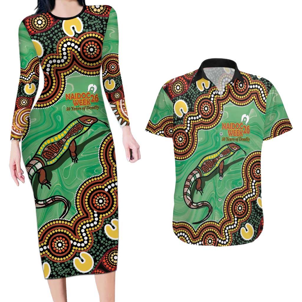 Personalised Australia Goanna NAIDOC Week 2026 Couples Matching Long Sleeve Bodycon Dress and Hawaiian Shirt 50 Years of Deadly Aboriginal Art