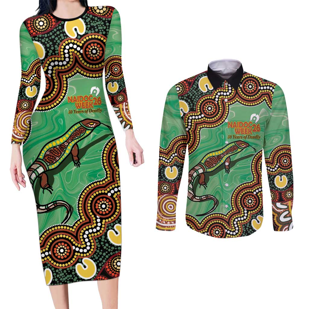 Personalised Australia Goanna NAIDOC Week 2026 Couples Matching Long Sleeve Bodycon Dress and Long Sleeve Button Shirt 50 Years of Deadly Aboriginal Art