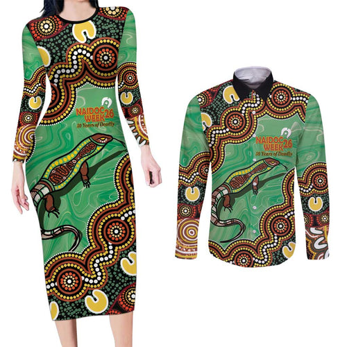 Personalised Australia Goanna NAIDOC Week 2026 Couples Matching Long Sleeve Bodycon Dress and Long Sleeve Button Shirt 50 Years of Deadly Aboriginal Art