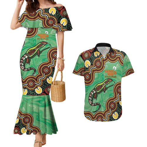Personalised Australia Goanna NAIDOC Week 2026 Couples Matching Mermaid Dress and Hawaiian Shirt 50 Years of Deadly Aboriginal Art