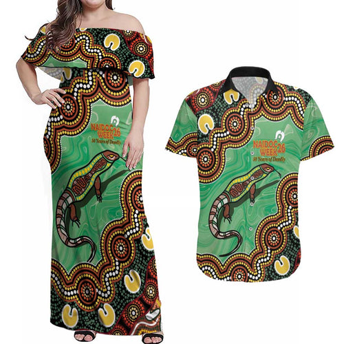 Personalised Australia Goanna NAIDOC Week 2026 Couples Matching Off Shoulder Maxi Dress and Hawaiian Shirt 50 Years of Deadly Aboriginal Art