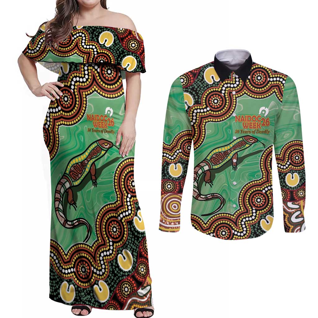 Personalised Australia Goanna NAIDOC Week 2026 Couples Matching Off Shoulder Maxi Dress and Long Sleeve Button Shirt 50 Years of Deadly Aboriginal Art