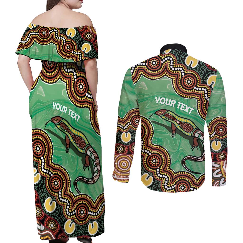 Personalised Australia Goanna NAIDOC Week 2026 Couples Matching Off Shoulder Maxi Dress and Long Sleeve Button Shirt 50 Years of Deadly Aboriginal Art