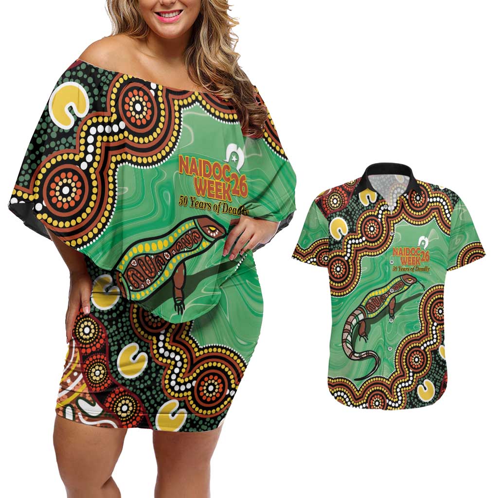 Personalised Australia Goanna NAIDOC Week 2026 Couples Matching Off Shoulder Short Dress and Hawaiian Shirt 50 Years of Deadly Aboriginal Art