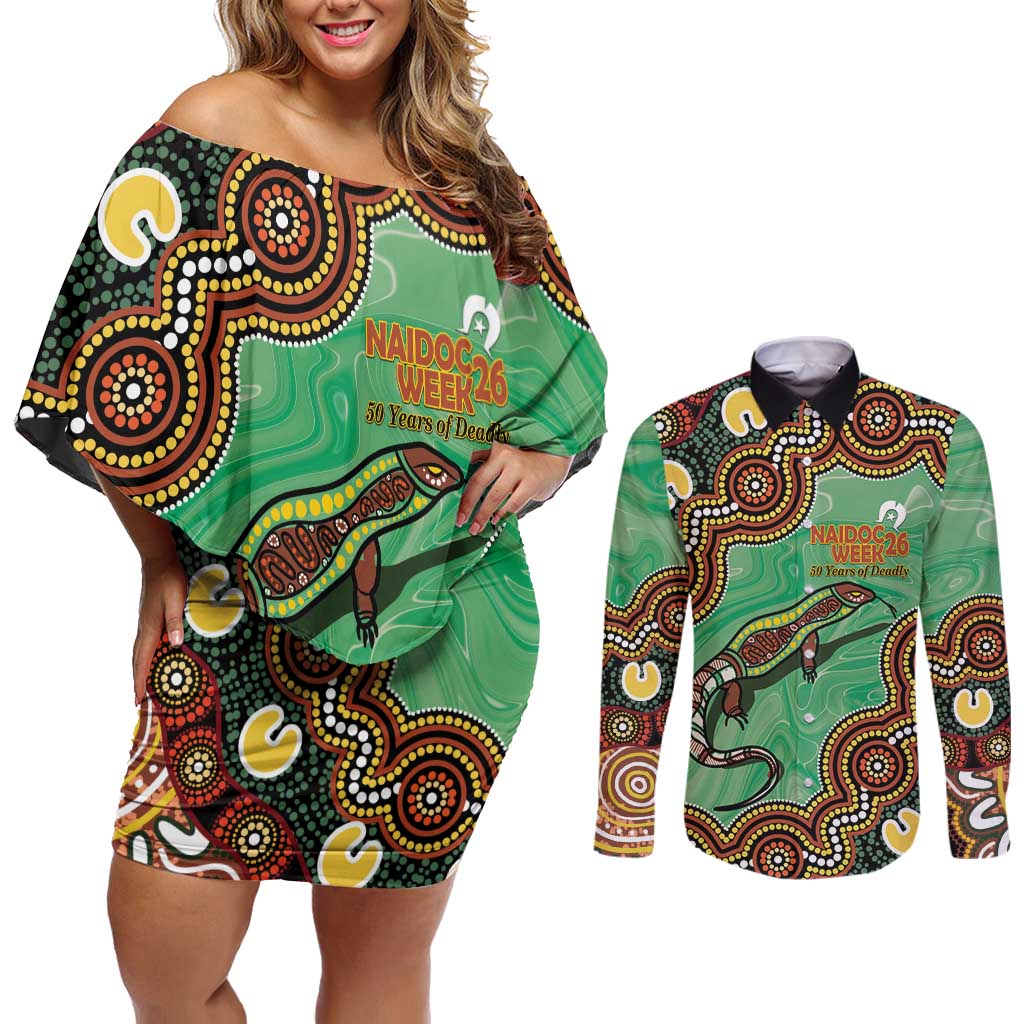 Personalised Australia Goanna NAIDOC Week 2026 Couples Matching Off Shoulder Short Dress and Long Sleeve Button Shirt 50 Years of Deadly Aboriginal Art