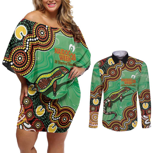 Personalised Australia Goanna NAIDOC Week 2026 Couples Matching Off Shoulder Short Dress and Long Sleeve Button Shirt 50 Years of Deadly Aboriginal Art