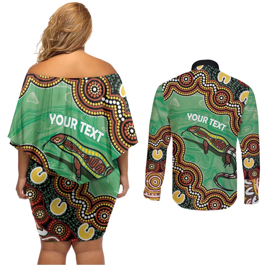 Personalised Australia Goanna NAIDOC Week 2026 Couples Matching Off Shoulder Short Dress and Long Sleeve Button Shirt 50 Years of Deadly Aboriginal Art