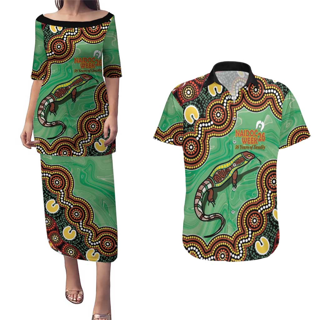 Personalised Australia Goanna NAIDOC Week 2026 Couples Matching Puletasi and Hawaiian Shirt 50 Years of Deadly Aboriginal Art