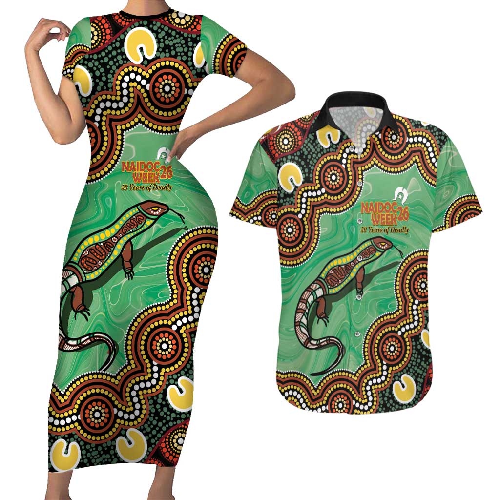Personalised Australia Goanna NAIDOC Week 2026 Couples Matching Short Sleeve Bodycon Dress and Hawaiian Shirt 50 Years of Deadly Aboriginal Art