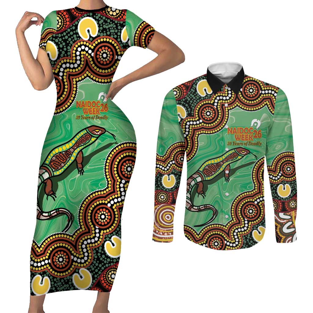 Personalised Australia Goanna NAIDOC Week 2026 Couples Matching Short Sleeve Bodycon Dress and Long Sleeve Button Shirt 50 Years of Deadly Aboriginal Art