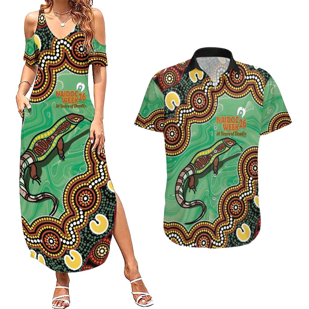 Personalised Australia Goanna NAIDOC Week 2026 Couples Matching Summer Maxi Dress and Hawaiian Shirt 50 Years of Deadly Aboriginal Art