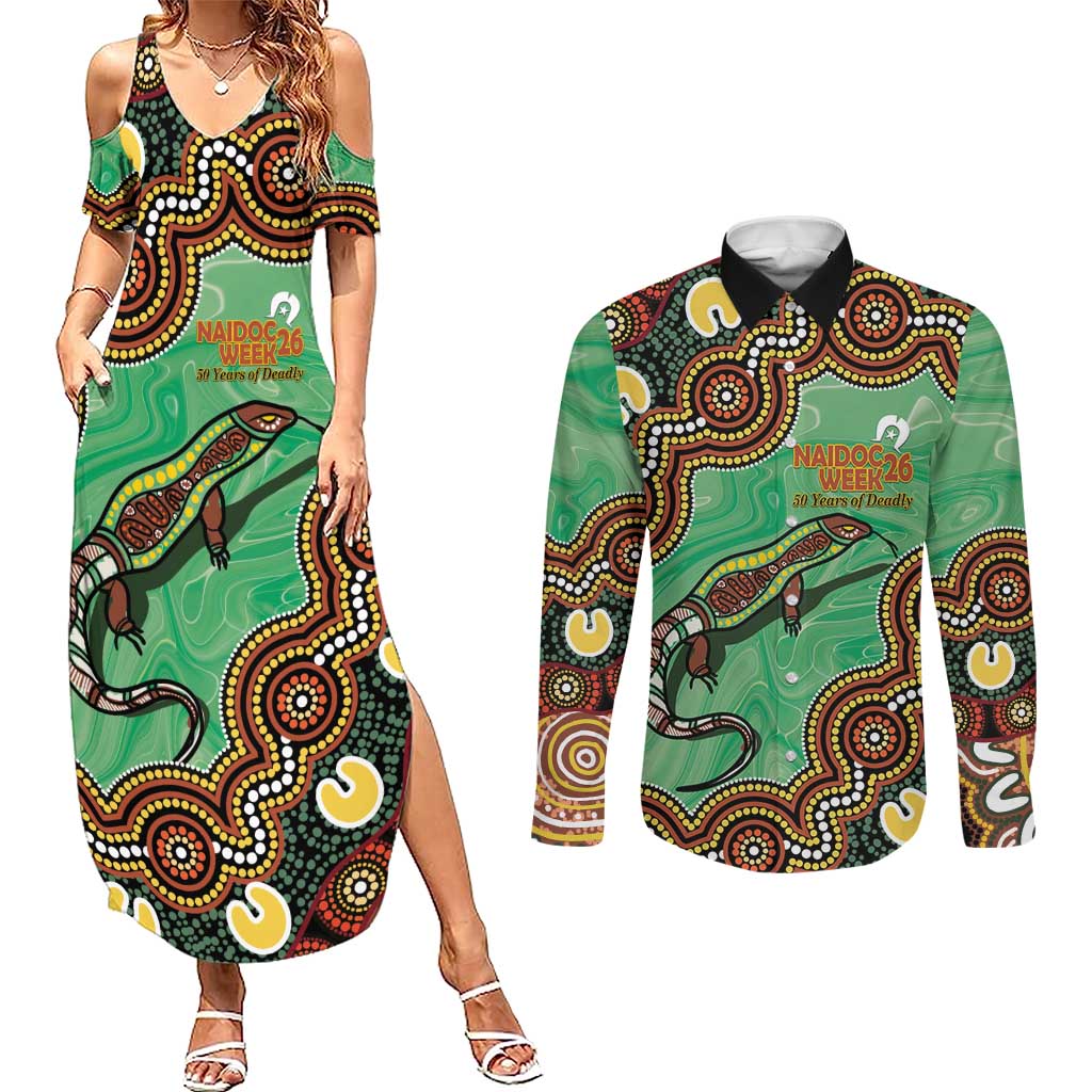 Personalised Australia Goanna NAIDOC Week 2026 Couples Matching Summer Maxi Dress and Long Sleeve Button Shirt 50 Years of Deadly Aboriginal Art