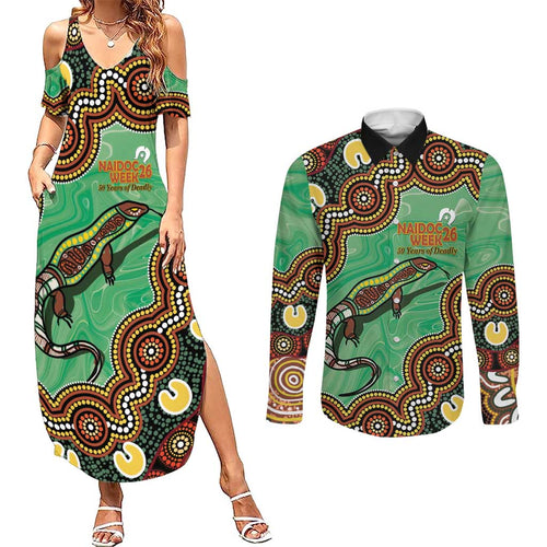 Personalised Australia Goanna NAIDOC Week 2026 Couples Matching Summer Maxi Dress and Long Sleeve Button Shirt 50 Years of Deadly Aboriginal Art