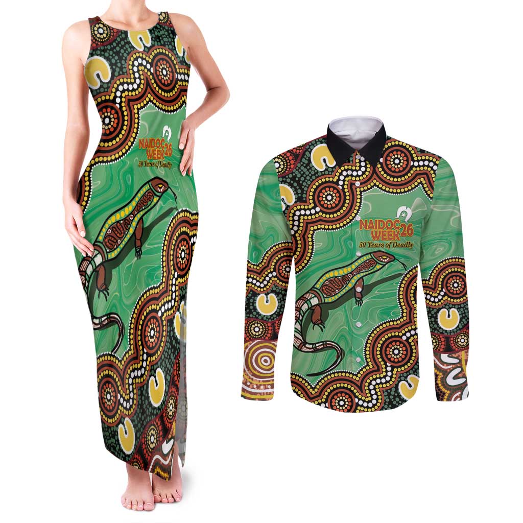 Personalised Australia Goanna NAIDOC Week 2026 Couples Matching Tank Maxi Dress and Long Sleeve Button Shirt 50 Years of Deadly Aboriginal Art