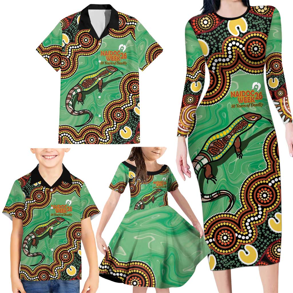 Personalised Australia Goanna NAIDOC Week 2026 Family Matching Long Sleeve Bodycon Dress and Hawaiian Shirt 50 Years of Deadly Aboriginal Art