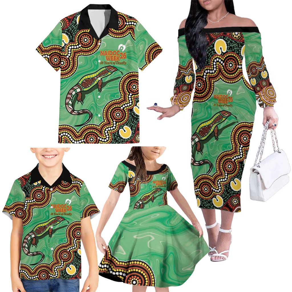 Personalised Australia Goanna NAIDOC Week 2026 Family Matching Off The Shoulder Long Sleeve Dress and Hawaiian Shirt 50 Years of Deadly Aboriginal Art