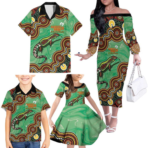 Personalised Australia Goanna NAIDOC Week 2026 Family Matching Off The Shoulder Long Sleeve Dress and Hawaiian Shirt 50 Years of Deadly Aboriginal Art