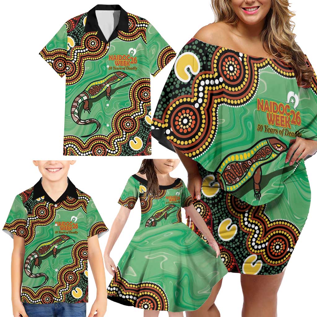 Personalised Australia Goanna NAIDOC Week 2026 Family Matching Off Shoulder Short Dress and Hawaiian Shirt 50 Years of Deadly Aboriginal Art